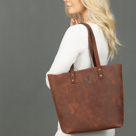 Leather Tote Bag, Handmade Tote Handbag, Leather Work Bag | Brown Leather Tote - Picture 1 of 4